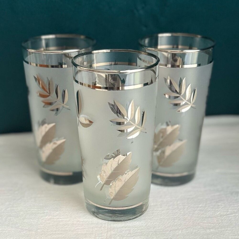 MCM Silver Leaf by LIBBEY GLASS COMPANY 12oz Flat Tumblers Set of 3
